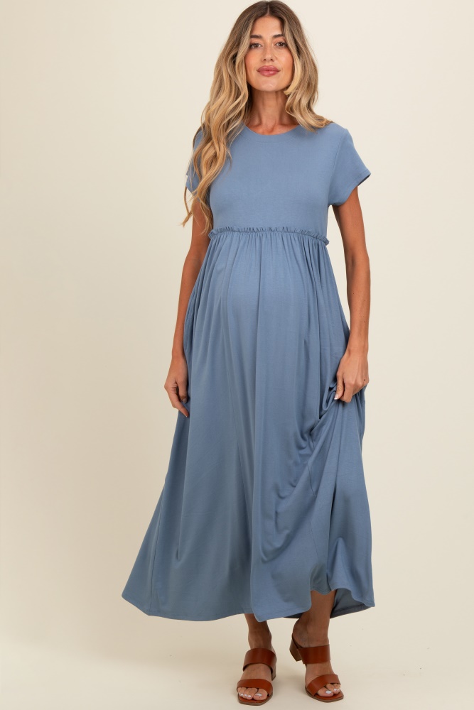 blue ruffle trim maternity maxi dress