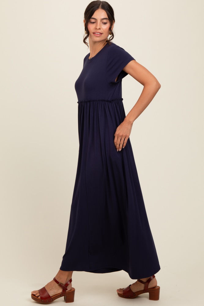 navy ruffle trim maxi dress