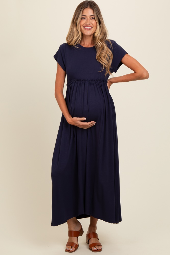 navy ruffle trim maternity maxi dress