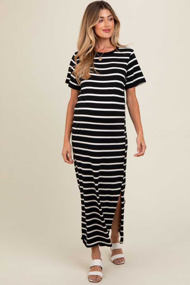 black striped side slit maternity maxi dress