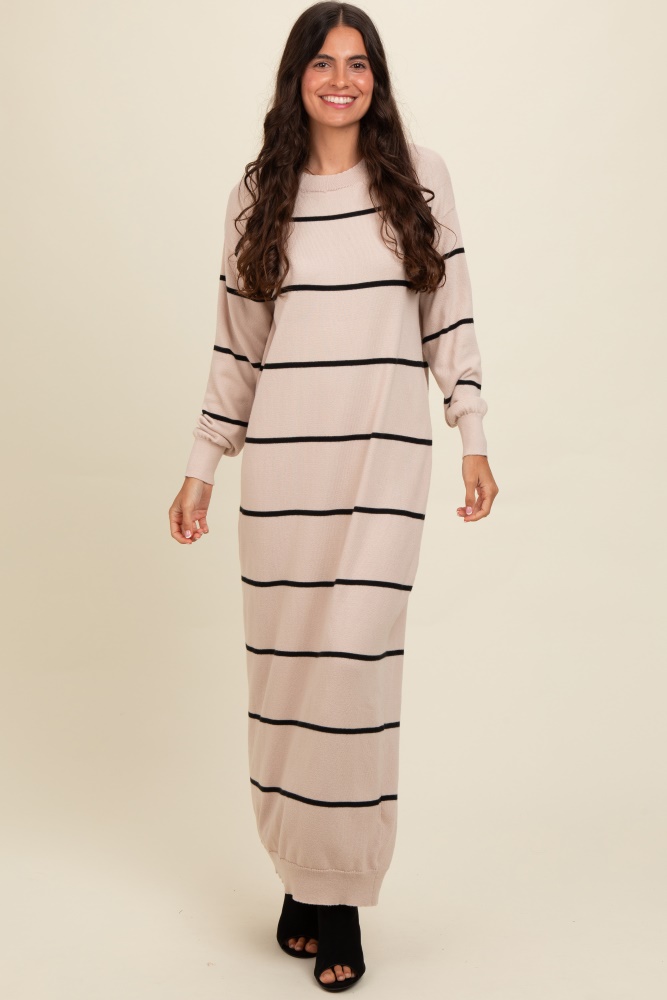 beige striped knit drop shoulder midi dress