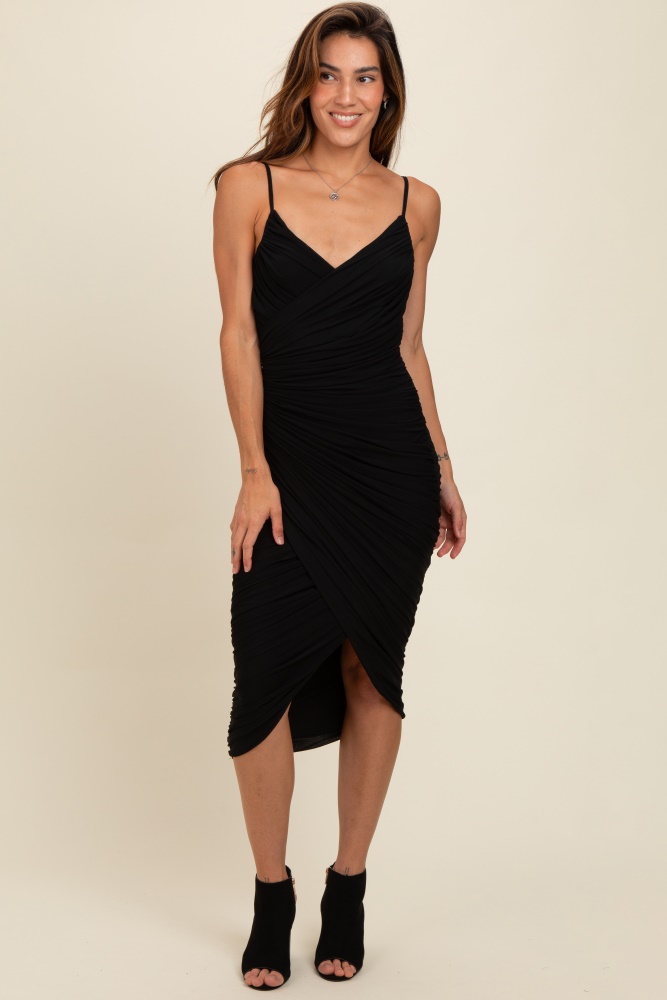 black ruched mesh fitted tulip hem dress