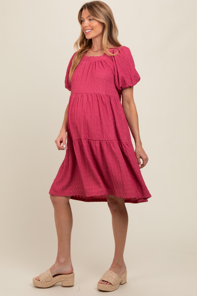 pink textured tiered puff sleeve maternity dress