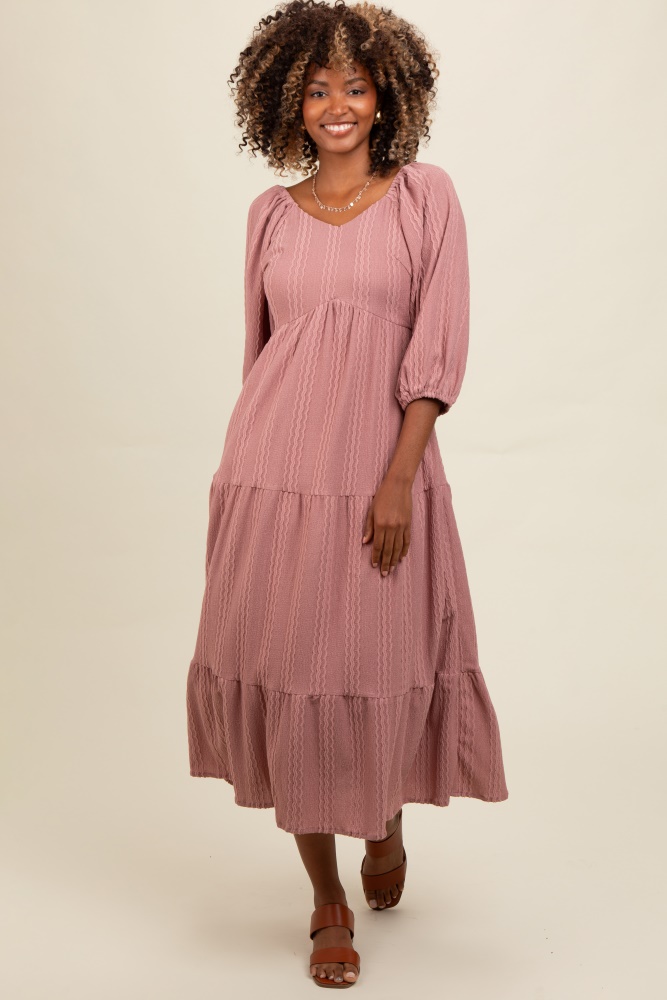 mauve embroidered tiered midi dress