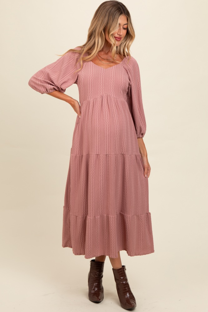 mauve embroidered tiered maternity midi dress