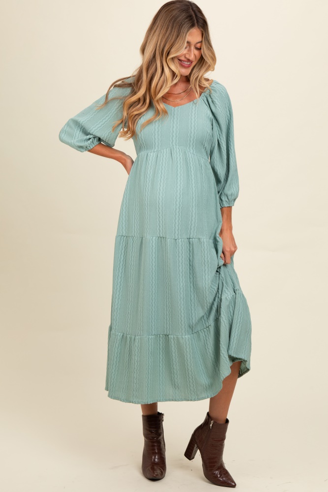 light olive embroidered tiered maternity midi dress