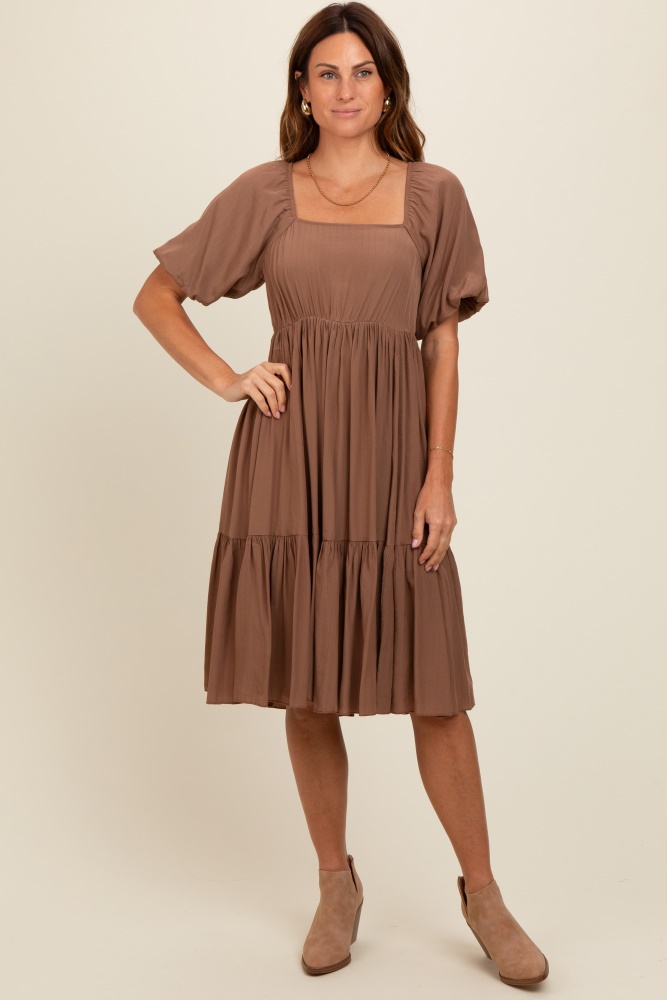 brown square neck puff sleeve dress