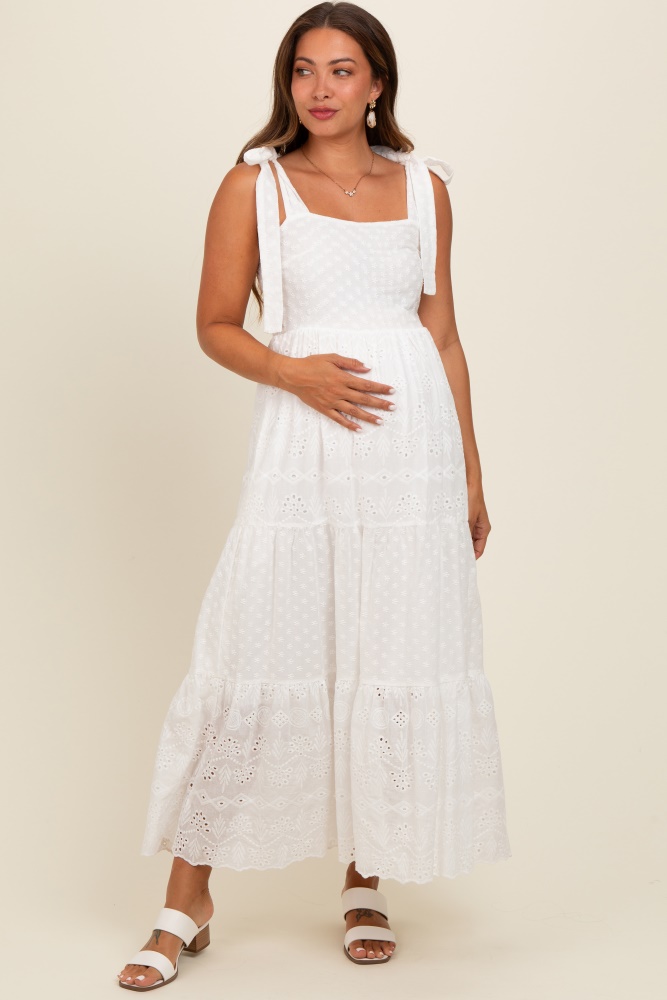 white embroidered eyelet lace maternity maxi dress