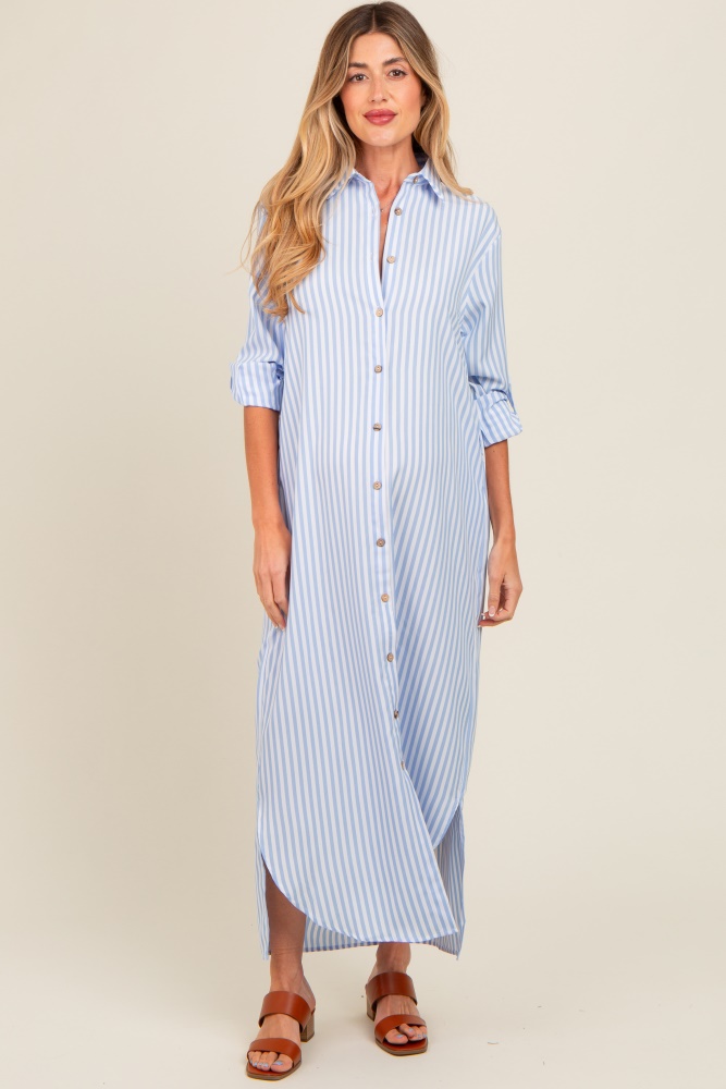 light blue striped button down maternity maxi dress