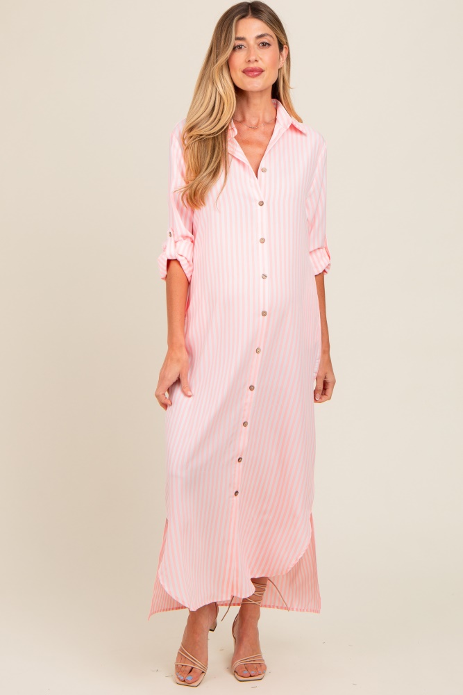 pink striped button down maternity maxi dress