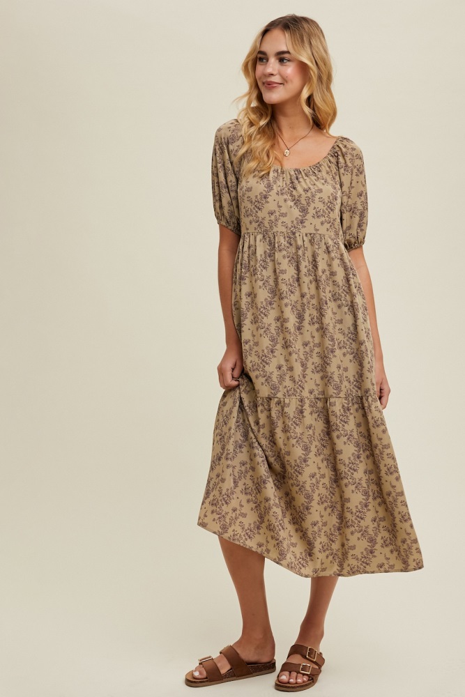 mocha floral ruffle hem midi dress