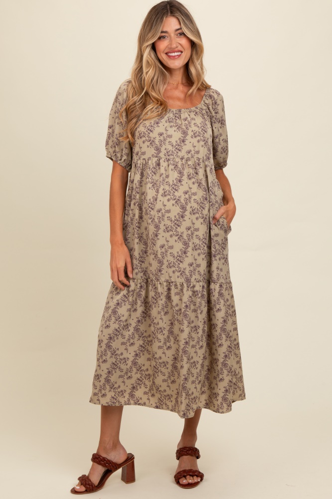 mocha floral ruffle hem maternity midi dress