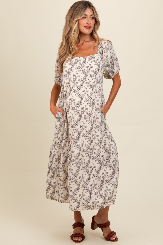 cream floral ruffle hem maternity midi dress