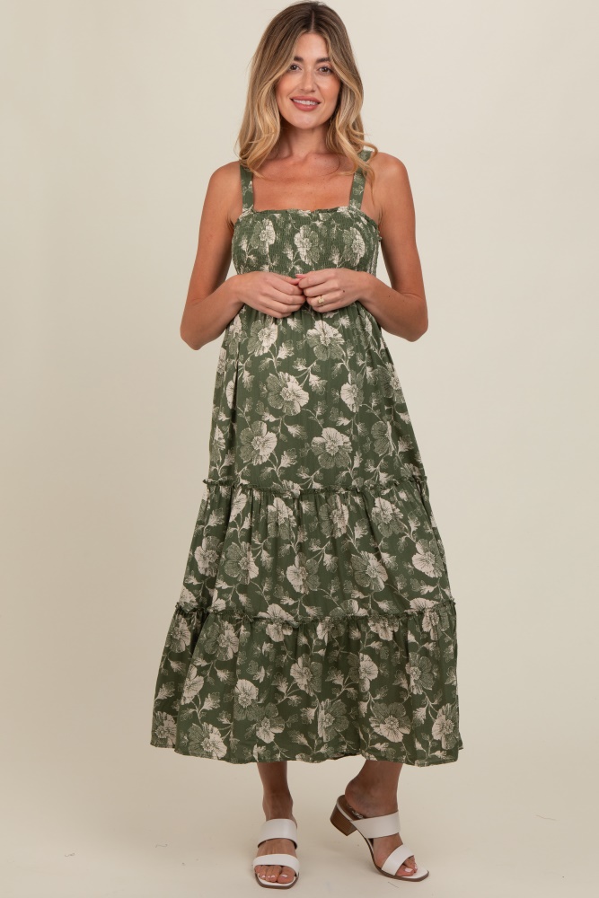 olive floral square neck smocked maternity midi dress