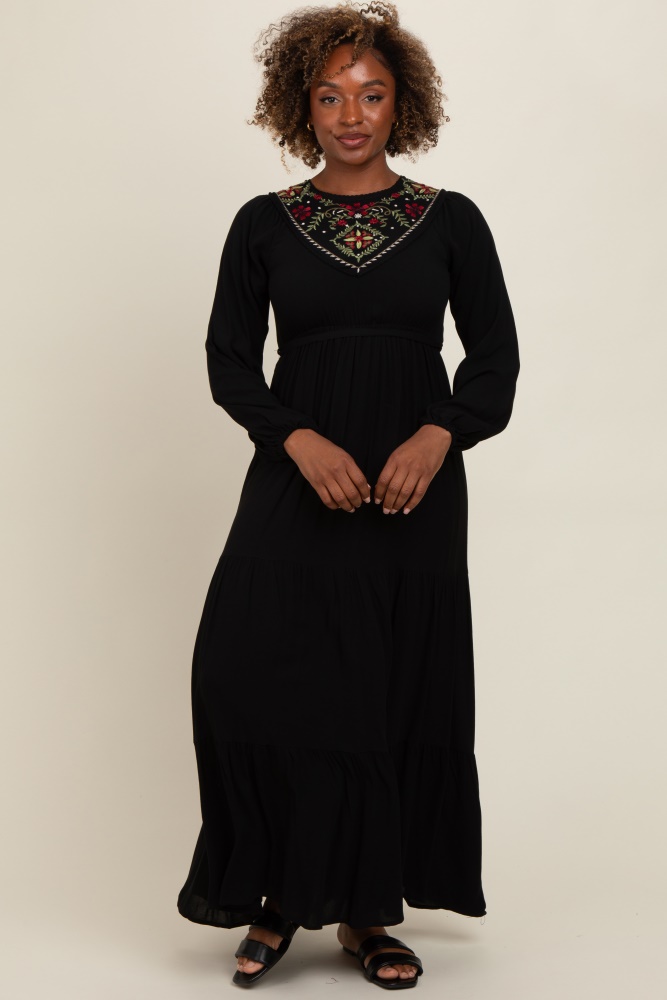 black embroidered tiered maxi dress