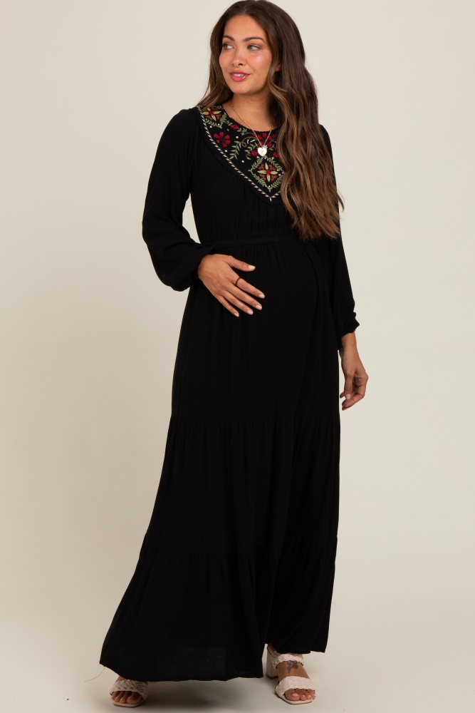 black embroidered maternity tiered maxi dress