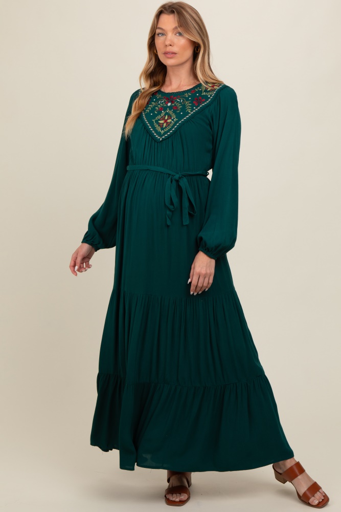 dark teal embroidered maternity tiered maxi dress