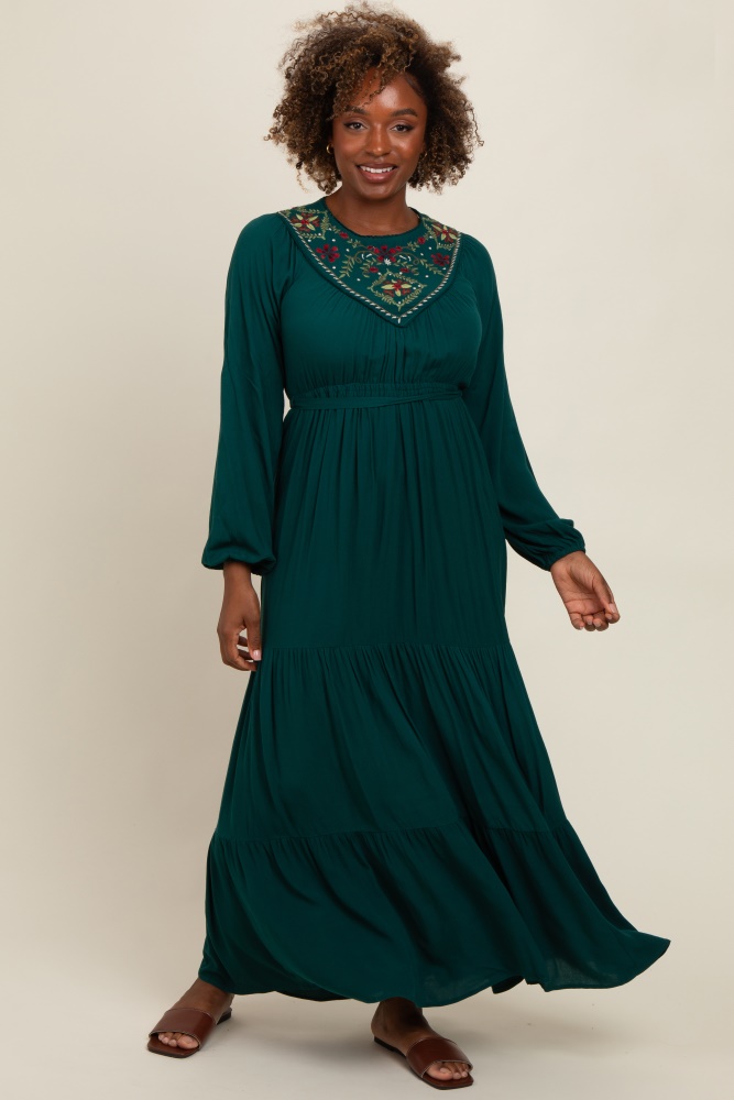 dark teal embroidered tiered maxi dress