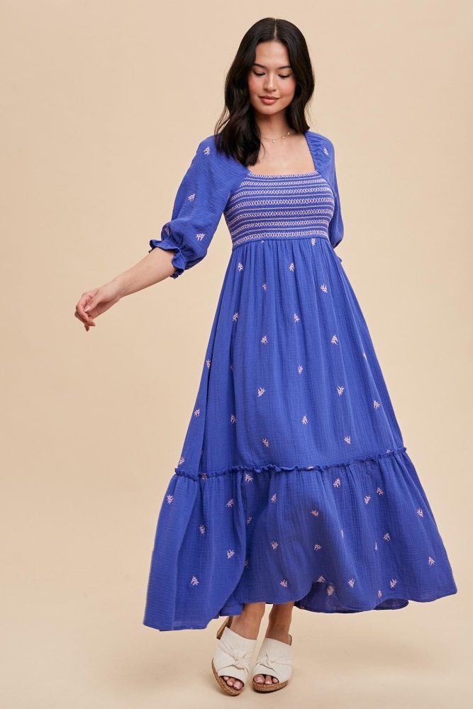 royal blue gauze smocked embroidered square neck midi dress