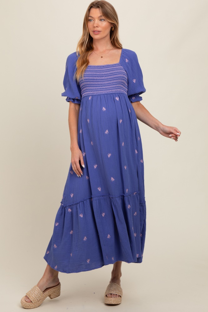 royal blue gauze smocked embroidered square neck maternity midi dress