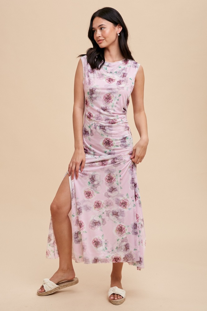 lavender rose print ruched mesh dress