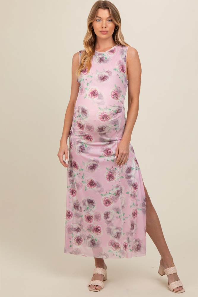 lavender rose print ruched mesh maternity dress