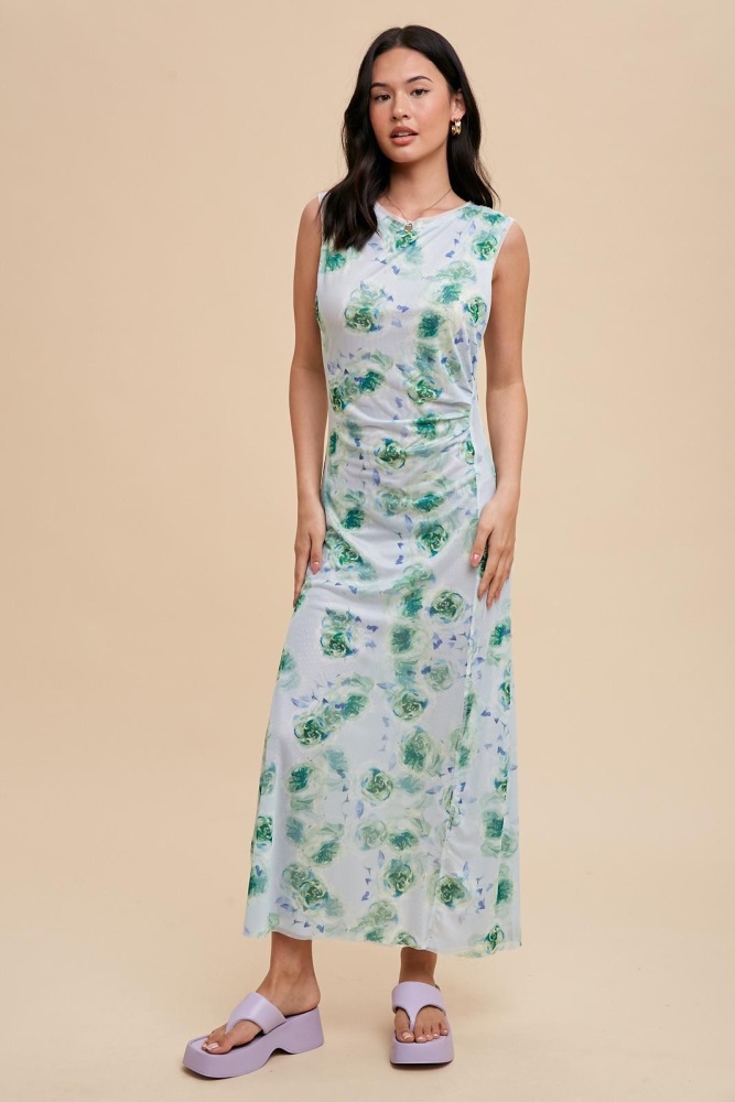 light blue rose print ruched mesh dress