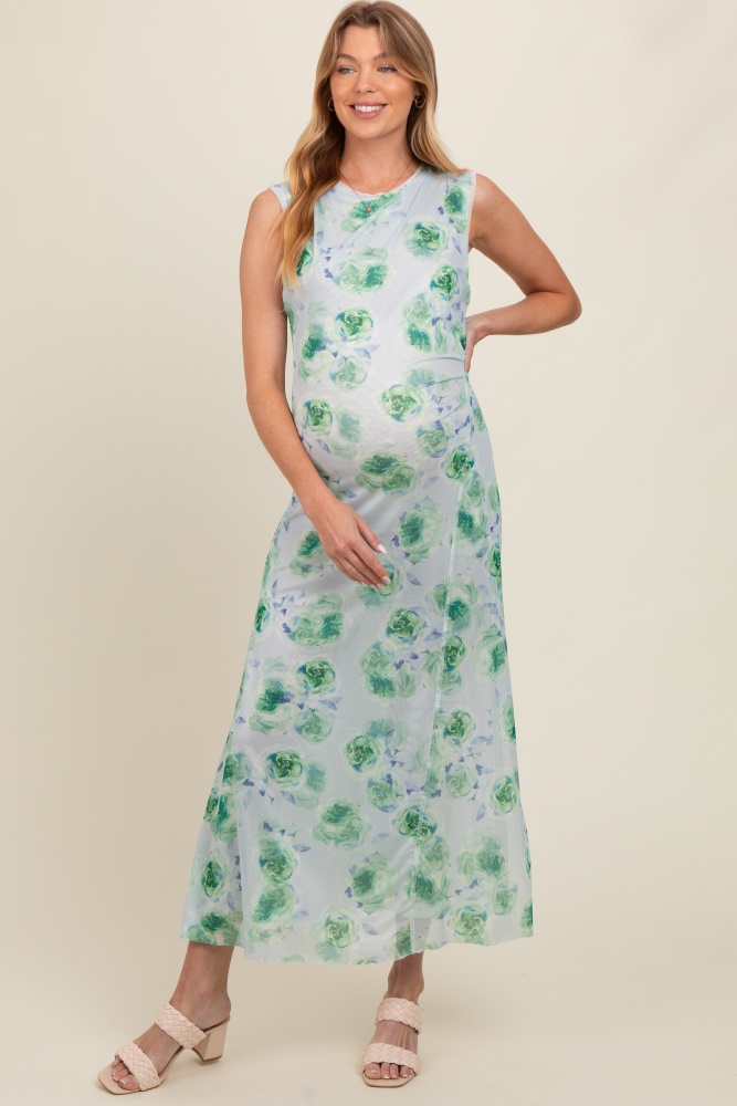 light blue rose print ruched mesh maternity dress