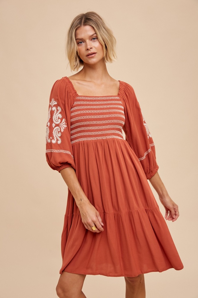 rust smocked embroidered damask dress