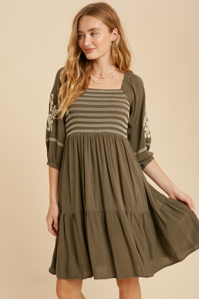 olive smocked embroidered damask dress