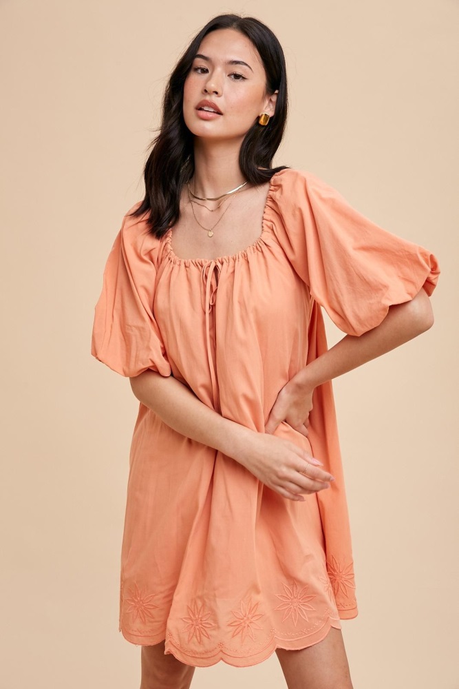 peach embroidered puff sleeve dress