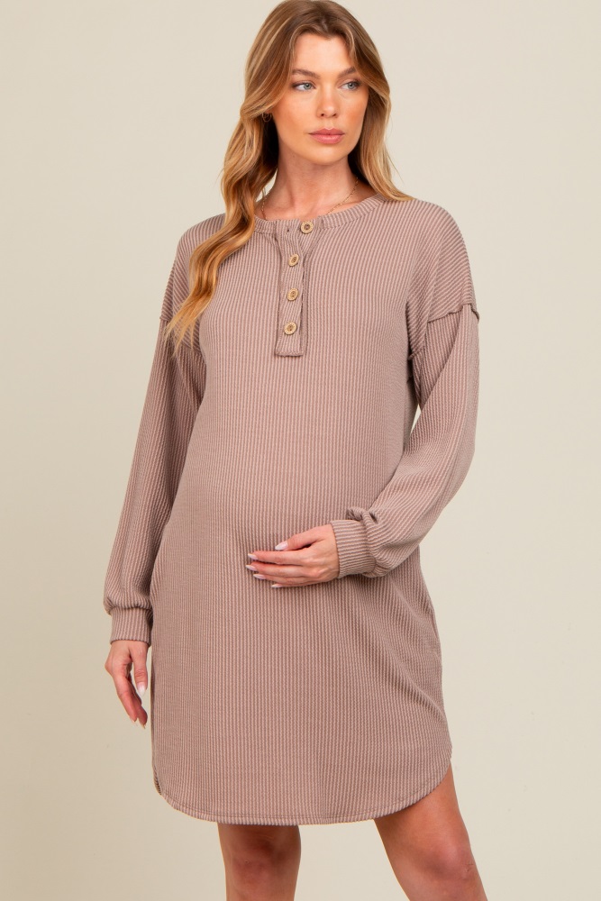 mocha ribbed button accent maternity dress