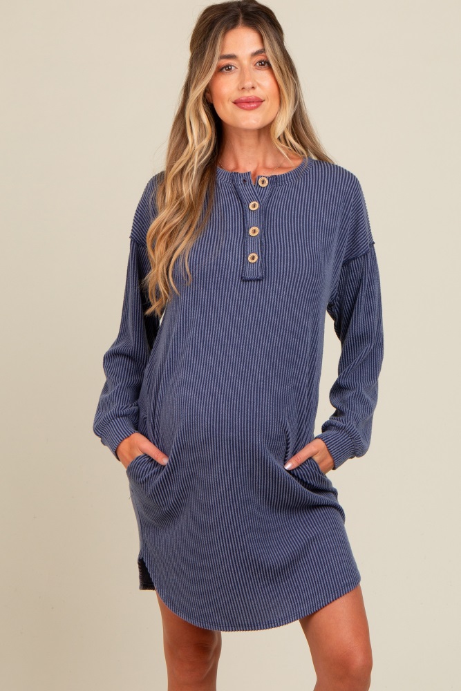 navy ribbed button accent maternity dress