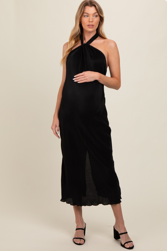 black knot front plisse halter maternity midi dress