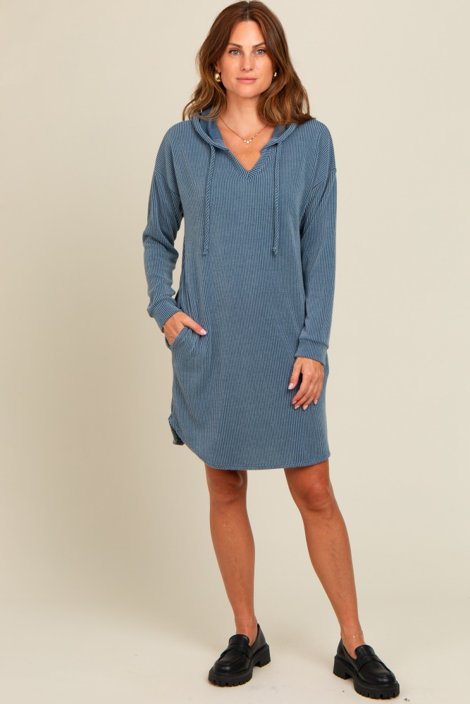 blue ribbed hoodie dress