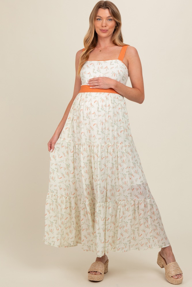 orange floral contrast sash tie maternity maxi dress