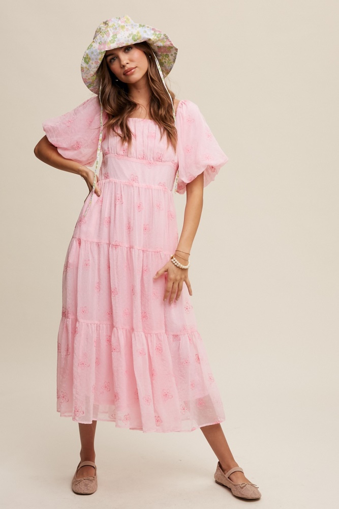 pink flower embroidered puff sleeve tiered maxi dress