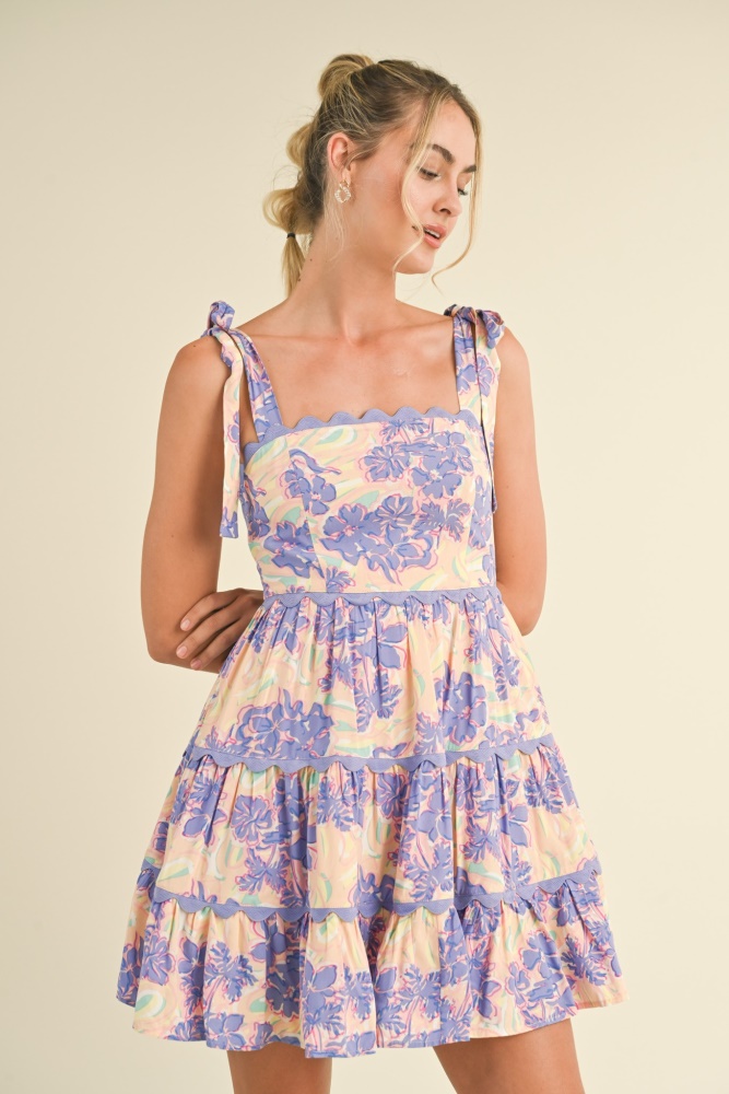 lavender nude floral tiered scallop trim mini dress