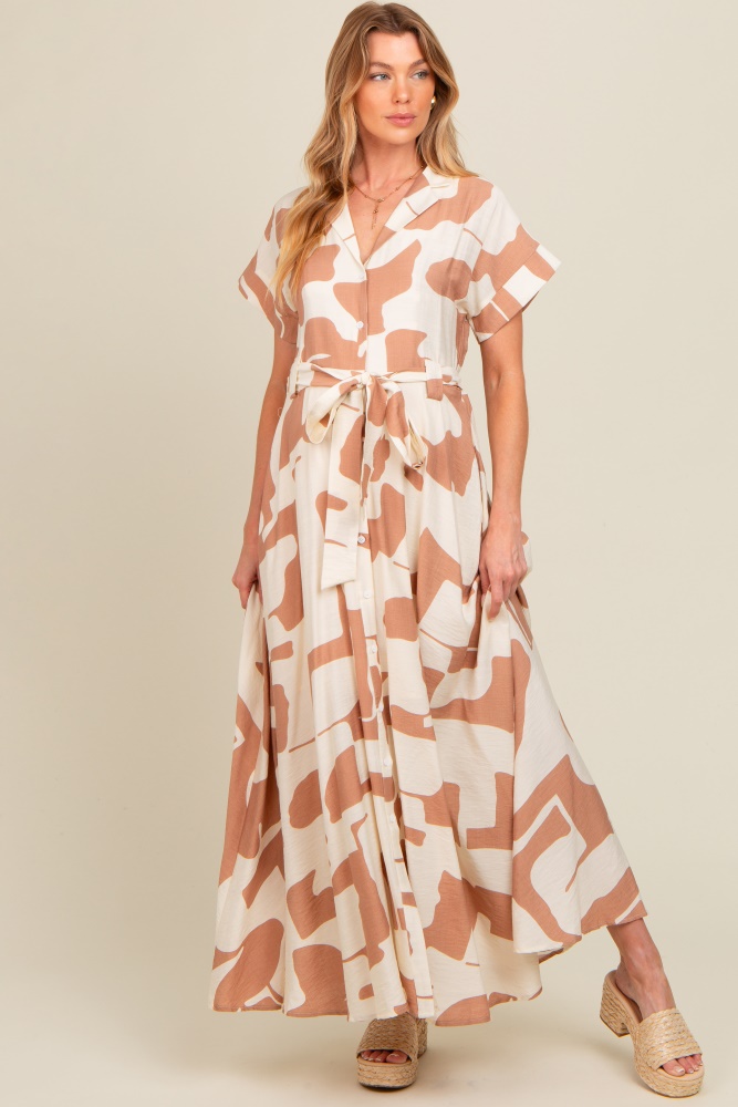 taupe printed sash tie button down maternity maxi dress