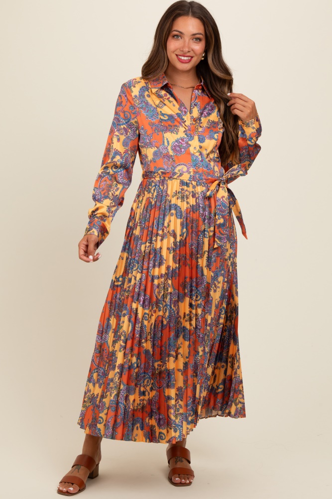 orange paisley print pleated button down maternity midi dress