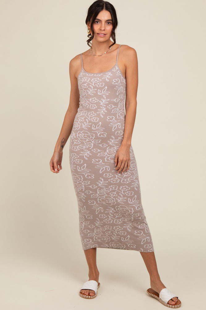 beige floral knit fitted midi dress