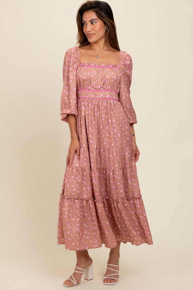 mauve satin floral pleated tiered maxi dress