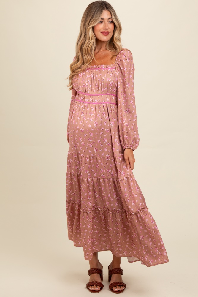 mauve satin floral pleated tiered maternity maxi dress