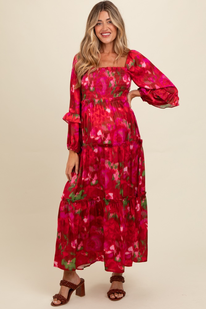 red satin floral smocked ruffle tier maternity maxi dress