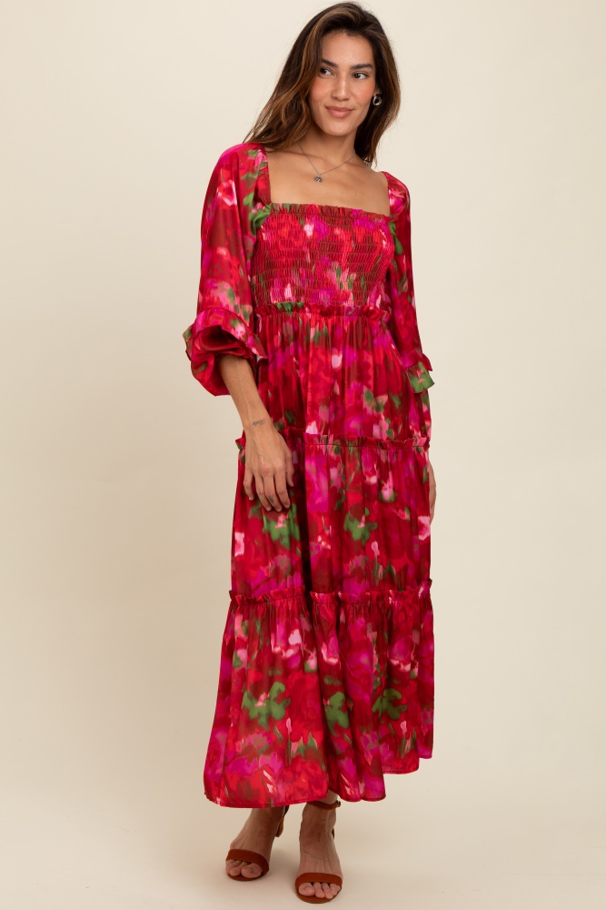 red satin floral smocked ruffle tier maxi dress