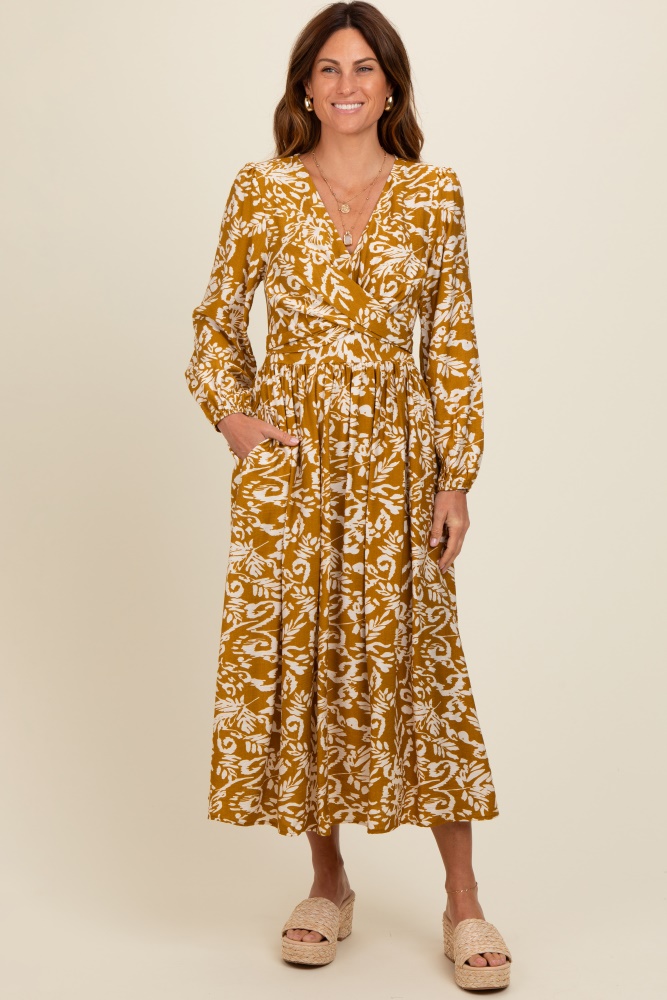 gold abstract floral gathered front midi dress