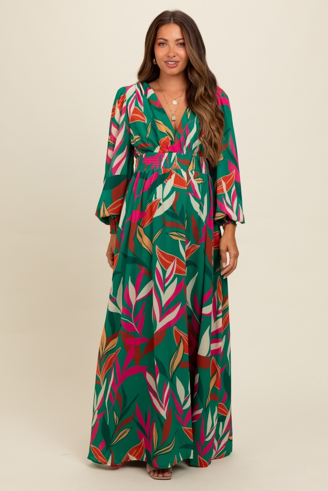 forest green leaf print deep v-neck maternity maxi dress