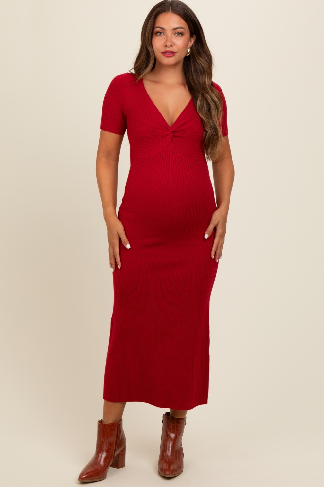 red knit twisted v-neck maternity maxi dress