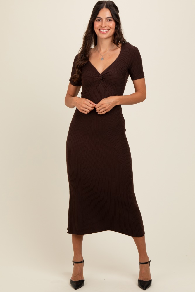 brown knit twisted v-neck maxi dress