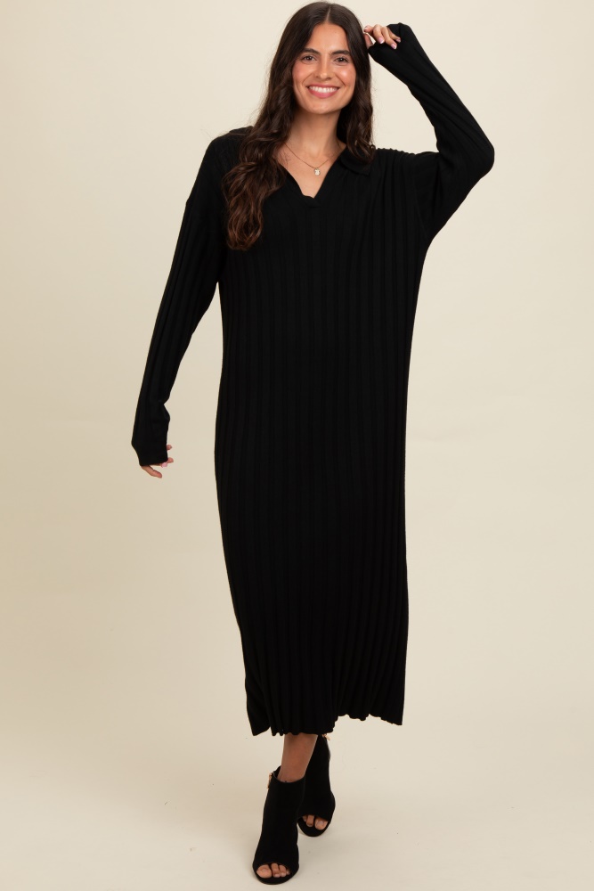 black ribbed collared midi sweater dress